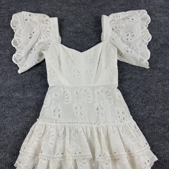 Alexis Dress Small Afonsa Tiered Mini White Embroidered Eyelet Lace Cottagecore - Picture 6 of 15